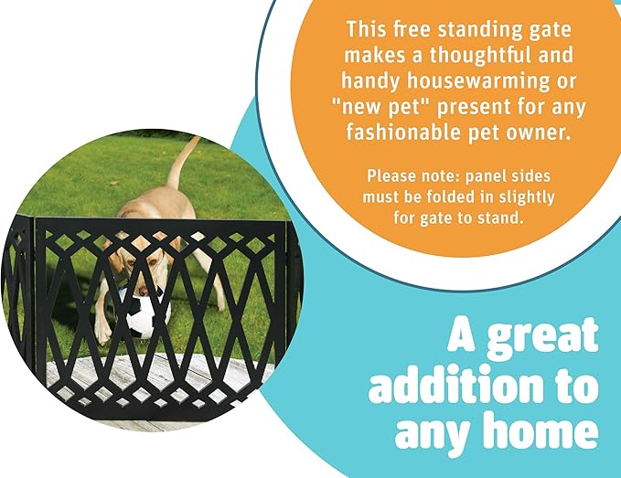 Etna 3-Panel Diamond Design Wood Pet Gate - Decorative Black Tri Fold Dog Fence for Doorways, Stairs - Indoor/Outdoor Pet Barrier - 24-48 Inches Wide x 19 Inches Tall