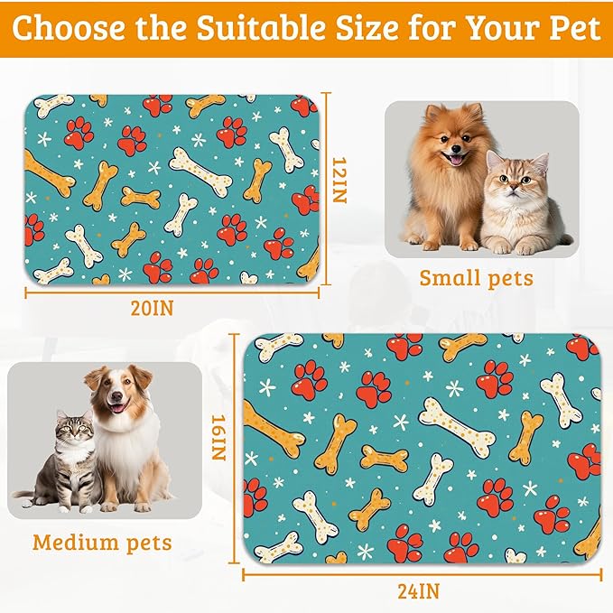 Dog Paws Cat Food Mat,Bones Absorbent Pet Feeding Mat for Food and Water Bowl,Quick Dry Dog Placemat Non Slip Rubber Backing Waterproof Pet Supplies 16" x 24"