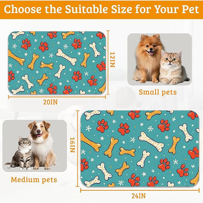 Dog Paws Cat Food Mat,Bones Absorbent Pet Feeding Mat for Food and Water Bowl,Quick Dry Dog Placemat Non Slip Rubber Backing Waterproof Pet Supplies 16" x 24"