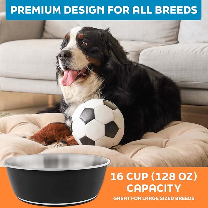 Master Pet Supply Stainless Steel Dog Bowls Set of 2 (128 Oz Each) with Non-Slip Rubber Base - Black Velvet - Basic Dog Food Bowl Water & Food Bowls for Small Medium Large Dogs & Cats, Metal Dish