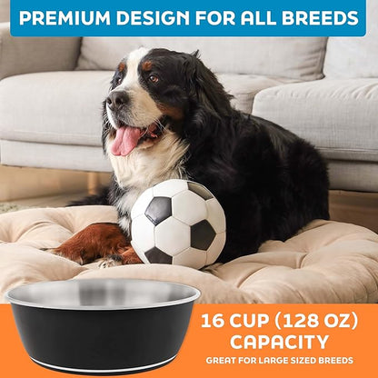 Master Pet Supply Stainless Steel Dog Bowls Set of 2 (128 Oz Each) with Non-Slip Rubber Base - Black Velvet - Basic Dog Food Bowl Water & Food Bowls for Small Medium Large Dogs & Cats, Metal Dish