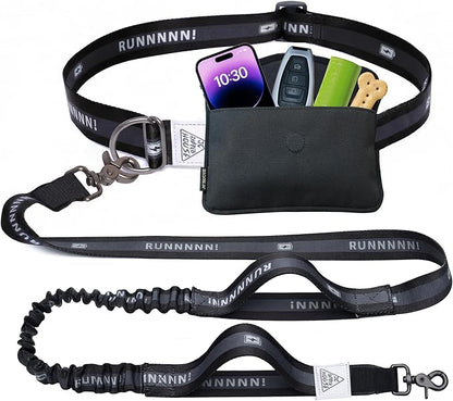 Hands Free Dog Leash, Heavy Duty with Waist Belt & Storage Pouch, Strong Pull Control, Two Handles Bungee for Running & Walking, Big & Medium Dogs, Black