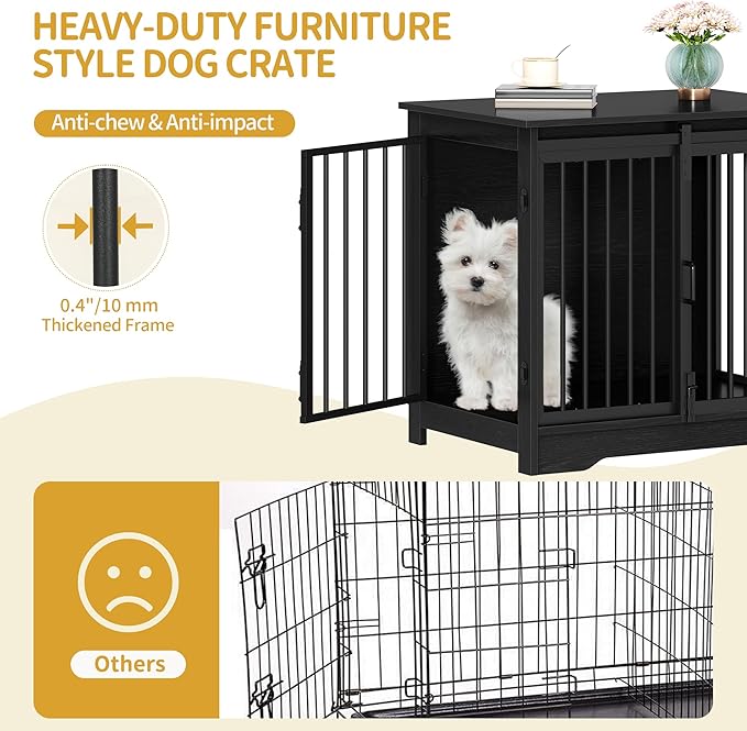 Hzuaneri 27.2" Dog Crate Furniture with Barn Door, Heavy Duty Dog Kennel Indoor with 2 Doors, Wooden Pet Cage End Table for Small Medium Dogs up to 22 lb, Anti-Chew Anti-Escape, Black DFC84304B