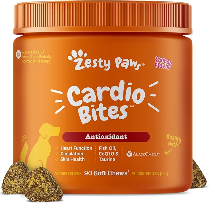 Zesty Paws Cardiovascular Support for Dogs - Taurine for Dogs - with CoQ10, L Carnitine & Sea Buckthorn - Senior Heart Health - AlaskOmega Fish Oil Omega 3 - Senior - Salmon - 90 Count