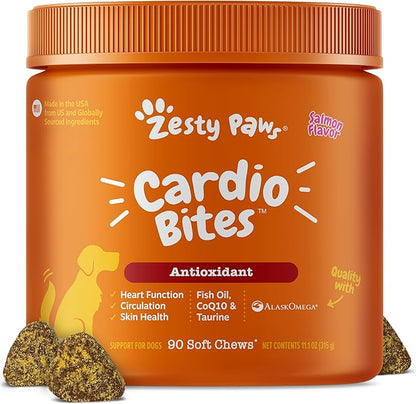 Zesty Paws Cardiovascular Support for Dogs - Taurine for Dogs - with CoQ10, L Carnitine & Sea Buckthorn - Senior Heart Health - AlaskOmega Fish Oil Omega 3 - Senior - Salmon - 90 Count