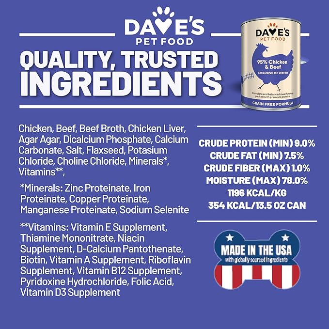 Dave's Pet Food Grain Free Wet Dog Food (95% Chicken & Beef), Made in USA, Limited Ingredients, Added Vitamins & Minerals, 12.5 oz Cans (12 Pack)