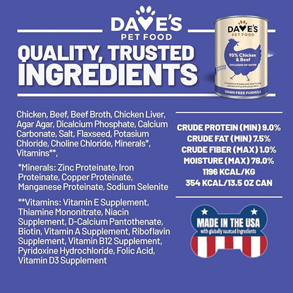 Dave's Pet Food Grain Free Wet Dog Food (95% Chicken & Beef), Made in USA, Limited Ingredients, Added Vitamins & Minerals, 12.5 oz Cans (12 Pack)