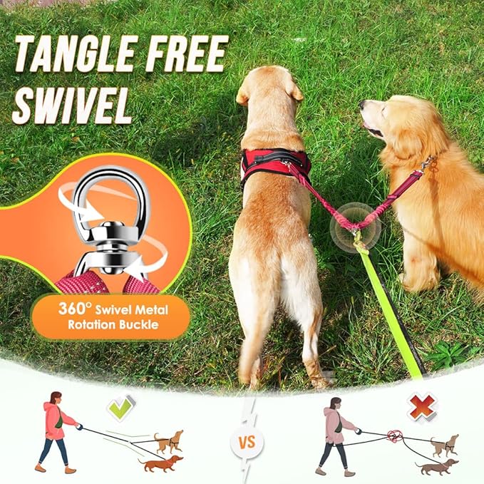 AUTOWT Double Dog Leash, No Tangle 360°Swivel Rotation Reflective Lead Attachment Adjustable Length Dual Two Dogs Lead Splitter, Comfortable Shock Absorbing Walking Training for 2 Dogs