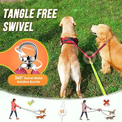 AUTOWT Double Dog Leash, No Tangle 360°Swivel Rotation Reflective Lead Attachment Adjustable Length Dual Two Dogs Lead Splitter, Comfortable Shock Absorbing Walking Training for 2 Dogs