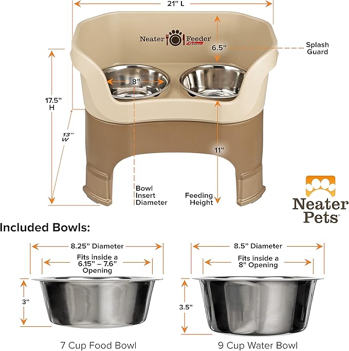Neater Feeder Deluxe Mess-Proof Elevated Dog Bowls for Large Dogs (40+ lbs), 2 Height Adjustable (14.5” & 17.5”) No-Spill Raised Dog Bowl Stand, Stainless Steel Food Bowl Set, Made in USA, Cappuccino