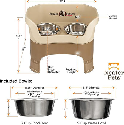 Neater Feeder Deluxe Mess-Proof Elevated Dog Bowls for Large Dogs (40+ lbs), 2 Height Adjustable (14.5” & 17.5”) No-Spill Raised Dog Bowl Stand, Stainless Steel Food Bowl Set, Made in USA, Cappuccino