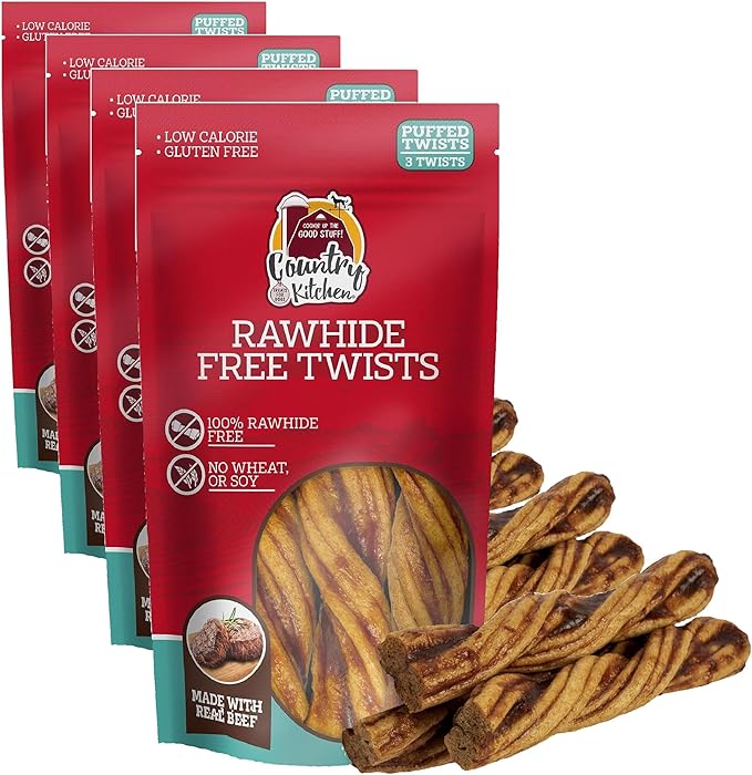 Country Kitchen Rawhide Free Beef Twists Dog Chews,Made with Real Beef,Highly Digestible,Gluten Free,3 Count (Pack of 4)