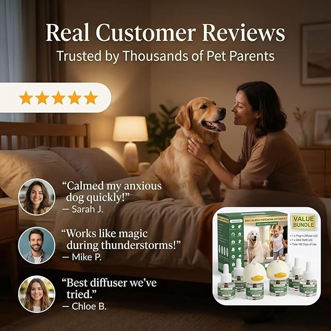 8-in-1 Calming Diffuser for Dog – Pheromone-Based Dog Anxiety Relief, 2 Plug-Ins & 6 Refills for 180-Day Stress Support – Helps Promote Calm Behavior, Safe & Non-Toxic, Anxiety Relief for Dogs