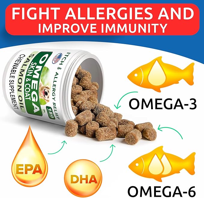 Allergy Relief + Omega 3 for Dogs - Oil Treats for Dog Shedding, Skin Allergy, Itch Relief, Dry Skin & Hot Spots Treatment, Joint Health - Skin and Coat Supplement - EPA & DHA Fatty Acids