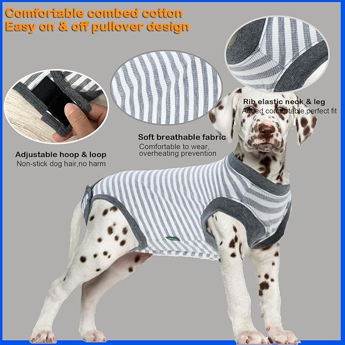 Dog Surgery Recovery Suit,Male Neuter Recovery Large Onesie Female Spay Cone Alternative Recovery Suit,Hoop & Loop Comfortable Surgical Bodysuit,Striped Grey L
