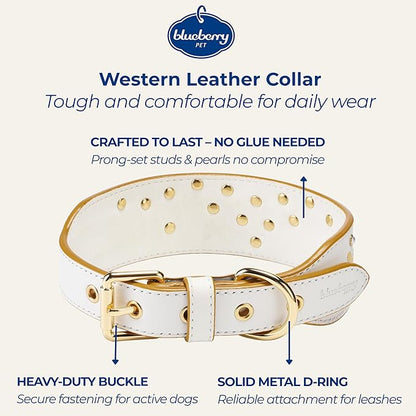 Blueberry Pet Western Dog Collar in Pearl White - Genuine Leather Dog Collars for Medium Dogs & Large Dogs with Floral Embroidery, Adjustable 18-22 Inch, Cowboy Style, Pearl Studs