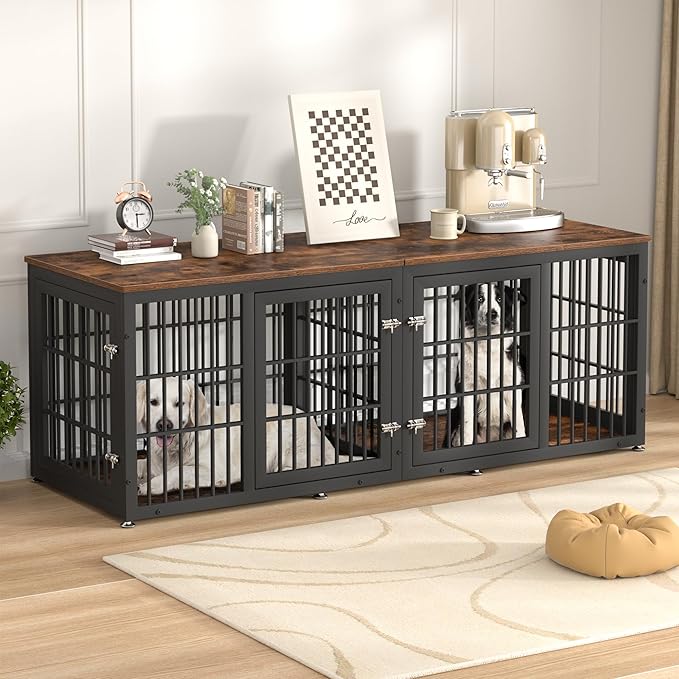rehomerance 78 Inch Double Dog Crate Furniture, Heavy Duty Extra Large Cage Furniture with Divider for 2 Dogs, Decorative Wooden Kennel Furniture Indoor, Metal Pet House for Large and Medium Dogs