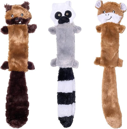 ZippyPaws Skinny Peltz - No Stuffing Dog Toy Pack to Keep Them Busy, for Medium and Large Dogs, Squeaky Pet Toys, Unstuffed Chew Toys, Soft Plush Variety Pack, Chipmunk, Lemur, and Monkey - 18"