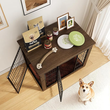 Greesum Modern Dog Crate Furniture That Doubles as a Side Table - Sturdy Wooden Kennel with Double Door Design, Equipped with Soft Cushion & Chew-Resistant Resign, Suitable for Dogs