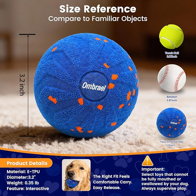 Ombrael Smart Interactive Dog Ball，Automatic Moving, Bouncing, Spinning Ball, Chew-Resistant & Washable E-TPU Rubber Toy, Perfectly Sized for the Mouths of Medium to Large Dogs