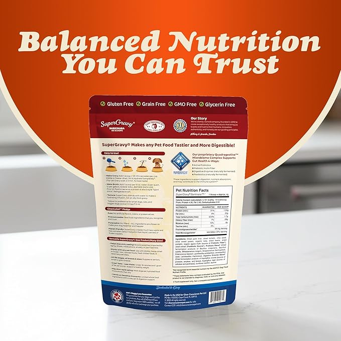 CLEAR CONSCIENCE PET® Barkinara™ SuperGravy® Natural Dog Food Gravy Topper, Hydration Broth Mix, Gluten and Grain Free Kibble Seasoning Powder Topper for Picky Eaters (9 oz. (60 Scoop))