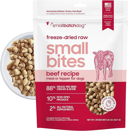 smallbatch Pets Freeze-Dried Raw Dog Food – Beef Recipe – 20oz Small Bites – Grain Free, High Protein, Complete Meal or Topper – Made in USA with Organic Produce & Humanely Raised (20 Oz, Beef)