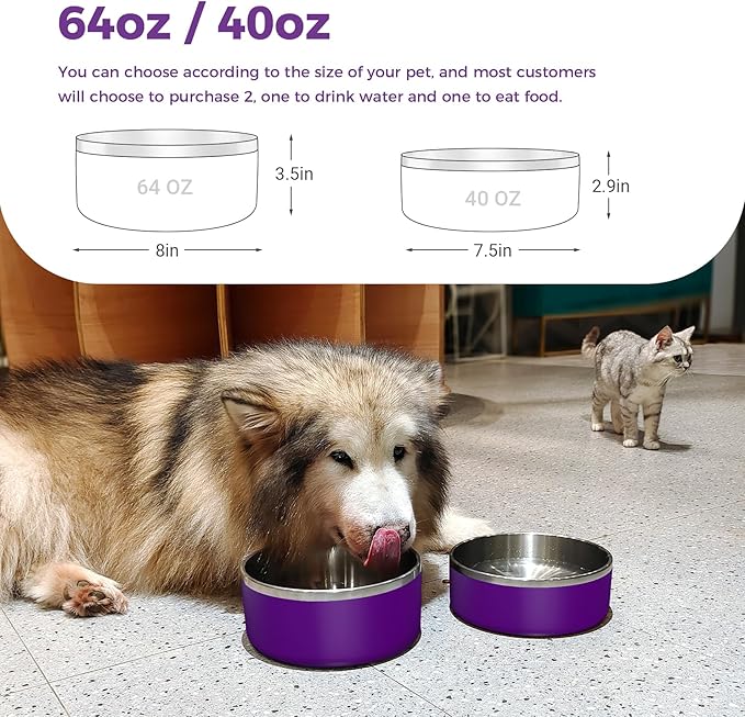 WENBOKMIN Dog Bowl, Stainless Steel Dog Food and Water Bowl with Non Slip Quiet Bottom, Easy to Clean, Dishwasher Safe, 64oz, Purple