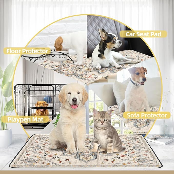 SCLOSE Washable Pee Pad for Dogs, 32" x 24" Reusable Puppy Pads Waterproof Dog Rugs, Super Absorbent, Leakproof, Dog Crate Pad, Playpen Mat, Whelping Pads, White Medallion