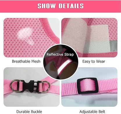 FEimaX Dog Harness and Leash Set for Walking, Soft Mesh Adjustable Easy Control Lightweight Cat Vest Harnesses with Reflective Strips, Escape Proof Small Dogs Cats Vests (Pink, X-Small)