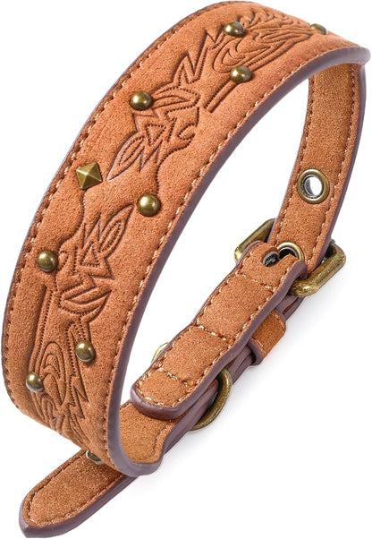 Blueberry Pet Premium Embossed Silver-Powered Freshness Microfiber Suede Leather Dog Collar in Saddle Brown