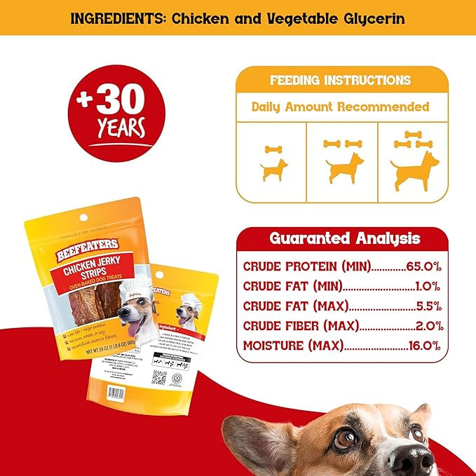 Beefeaters Chicken Jerky Strips for Dogs 3oz -Case of 6, 100% Real Chicken Breast, Oven-Baked, Grain-Free Dog Treats for Training & Rewards, High Protein, Low Fat, Resealable Bag, All Life Stages