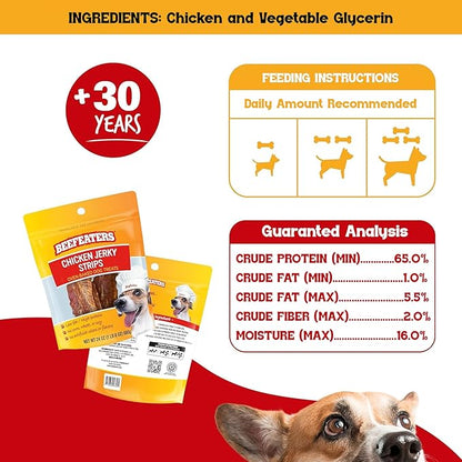 Beefeaters Chicken Jerky Strips for Dogs 3oz -Case of 6, 100% Real Chicken Breast, Oven-Baked, Grain-Free Dog Treats for Training & Rewards, High Protein, Low Fat, Resealable Bag, All Life Stages