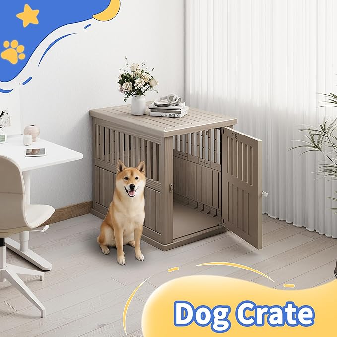DRATO Dog House Resin Dog Crate Furniture Weatherproof Functional End Table for Indoor Living Spaces & Outdoor Patios(Light Brown, Medium Size(29.65 * 21.34 * 25.28))