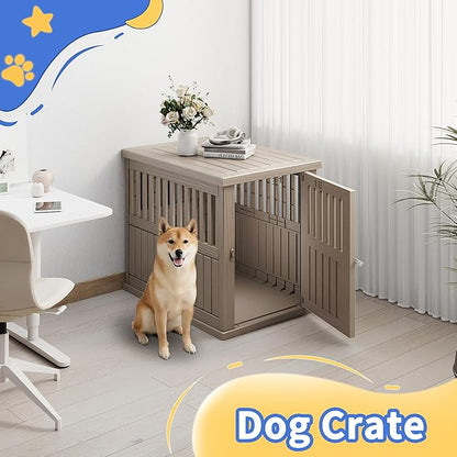 DRATO Dog House Resin Dog Crate Furniture Weatherproof Functional End Table for Indoor Living Spaces & Outdoor Patios(Light Brown, Medium Size(29.65 * 21.34 * 25.28))