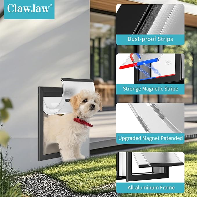 ClawJaw Aluminum Dog Door for Wall, Doggy Doors for Large Dogs with 2 Magnetic Flaps, Doggy Door for Exterior Walls, Strong and Durable, Easy to Install, Black(Pets Up to 110 Lb)-Large