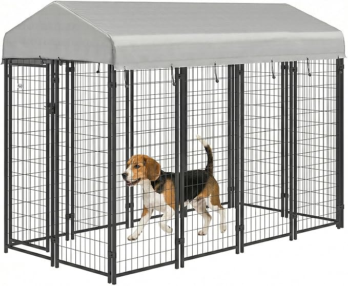 PawHut Outdoor Dog Kennel with Roof, 8' x 4' x 6' Heavy Duty Welded Wire Dog Playpen Enclosure with Escape-Proof Lock, UV-Resistant & Waterproof Cover, for Medium Dogs, Chickens, Ducks, Silver