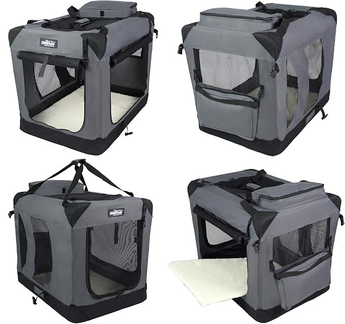 EliteField 3-Door Folding Soft Dog Crate with Carrying Bag and Fleece Bed (2 Year Warranty), Indoor & Outdoor Pet Home (24" L x 18" W x 21" H, Gray)