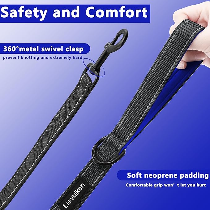 Dog Leash 5ft Long, Double Handle Dog Leash for Safety Control Training, Heavy Duty Dog Leads with Traffic Padded Handles, Reflective Leashes for Small Medium Large Dogs(5ft, Black Blue)