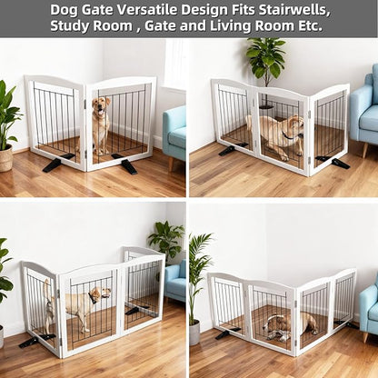 ZJSF Freestanding Dog Fence Indoor, Foldable Dog Gate for Doorways, Stairs or Hallways, Sturdy Wood Extra Wide Pet Gate with Support Feet for The House, White, 32 "Height-2 Panels