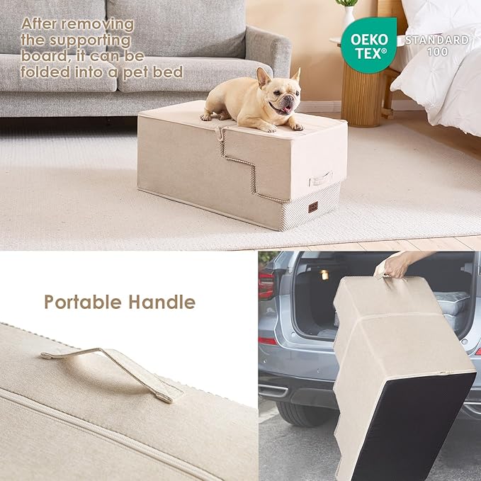 EHEYCIGA Dog Stairs for High Bed 22.5" H, 5-Step Dog Steps for Bed, Pet Steps for Small Dogs and Cats, Non-Slip Balanced Pet Ramp Indoor, Beige