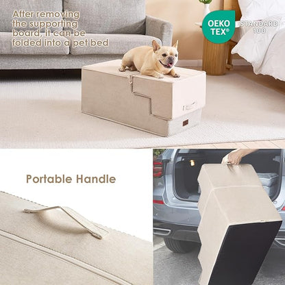 EHEYCIGA Dog Stairs for High Bed 22.5" H, 5-Step Dog Steps for Bed, Pet Steps for Small Dogs and Cats, Non-Slip Balanced Pet Ramp Indoor, Beige