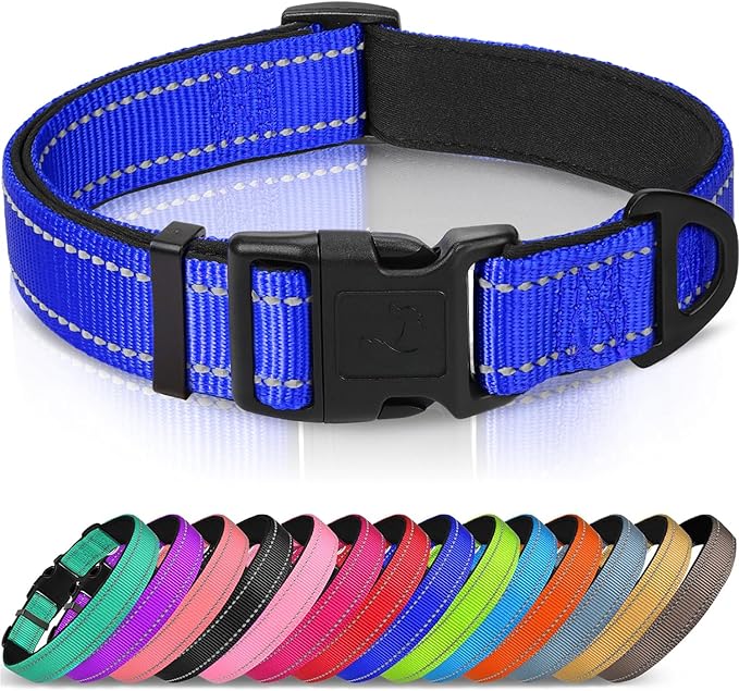 Joytale Reflective Dog Collar, Soft Neoprene Padded, Metal D-Ring, Nylon Pet Collar Adjustable for Medium Dogs, Navy Blue, M