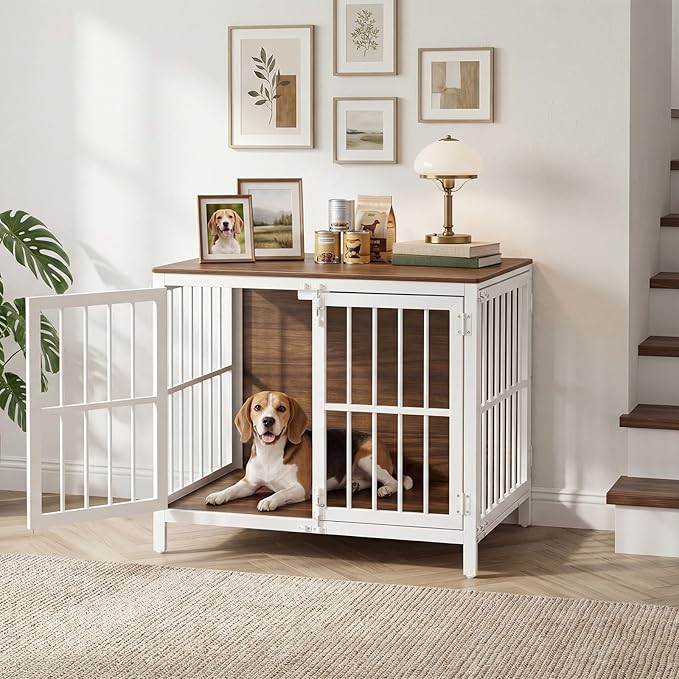 HOOBRO Heavy Duty Dog Crate Furniture, 31.5" Wooden Indoor Kennel with 3 Doors, Chew Resistant Metal Cage for Small and Medium Breeds, Dog Crate Side Table, White and Walnut