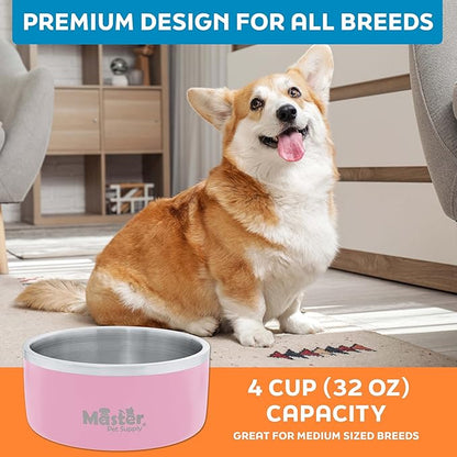 Master Pet Supply Stainless Steel Dog Bowls - 32 oz, Heavy Duty - Rose Quartz, Double Wall Extra-Thick Insulated, Non-Slip Pet Water Bowl for Dogs, Cats & Pets, Anti Rust Metal, Dish Washer Safe