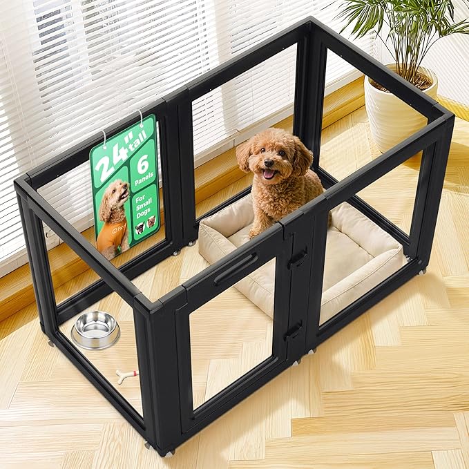 FXW AuraSpace Acrylic Indoor Dog Playpen for Puppies and Small Dogs, 24 Inch, 6 Panels, Black