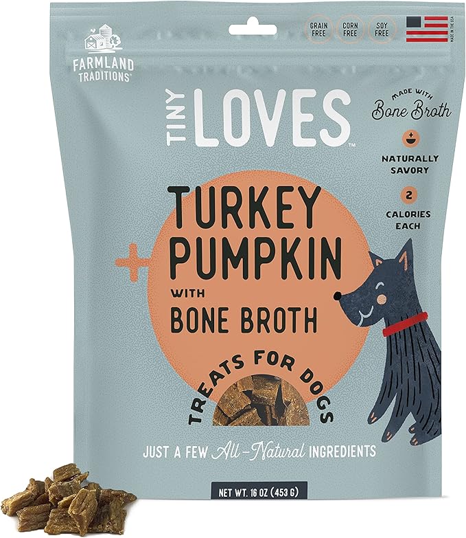 Farmland Traditions Tiny Loves Jerky Trainer Treats for Dogs w/Bone Broth (Turkey & Pumpkin, 6 oz.)