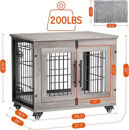 Lulive Small Dog Crate Furniture Set of 2, Dog Kennel Indoor Double Doors Wooden Dog Cage, 27'' Heavy Duty Dog Crate with Cushion & Wheels, End Table Pet House Chew-Resistant Up to 30 lb, Grey