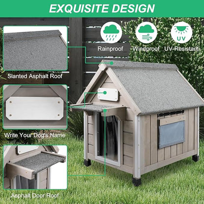PetsCosset 20.5" L Outdoor Dog House with Waterproof Asphalt Roof for Small to Medium Dogs,Large Wooden Indoor Dog Kennel with Anti-Chewing Metal,Oxford Cloth Window,Durable Doghouse for 1-2 Dogs