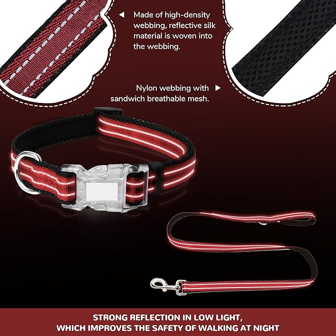 Reflective Dog Collar and Leash Set for Large Dogs, 4 FT/5 FT Dog Leash, Handle with an O-ring, Adjustable Mesh Padded Large Dog Collar with Quick Release Buckle-Red