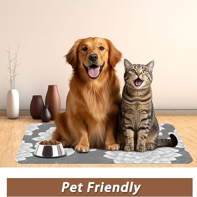 Dahlia Dog Cat Food Mat,Gray White Flowers Absorbent Pet Feeding Mat with Rubber Backing,Non-Slip Water Bowl Placemat,Indoor Pet Accessories Supplies 12"x20"